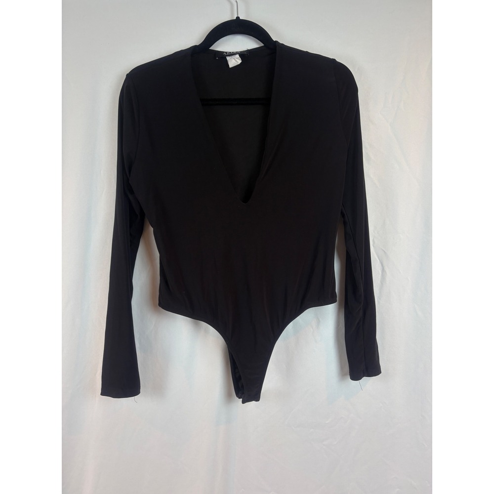 Akira Womens Deep V Neck Long Sleeve Thong Bodysuit Black XL